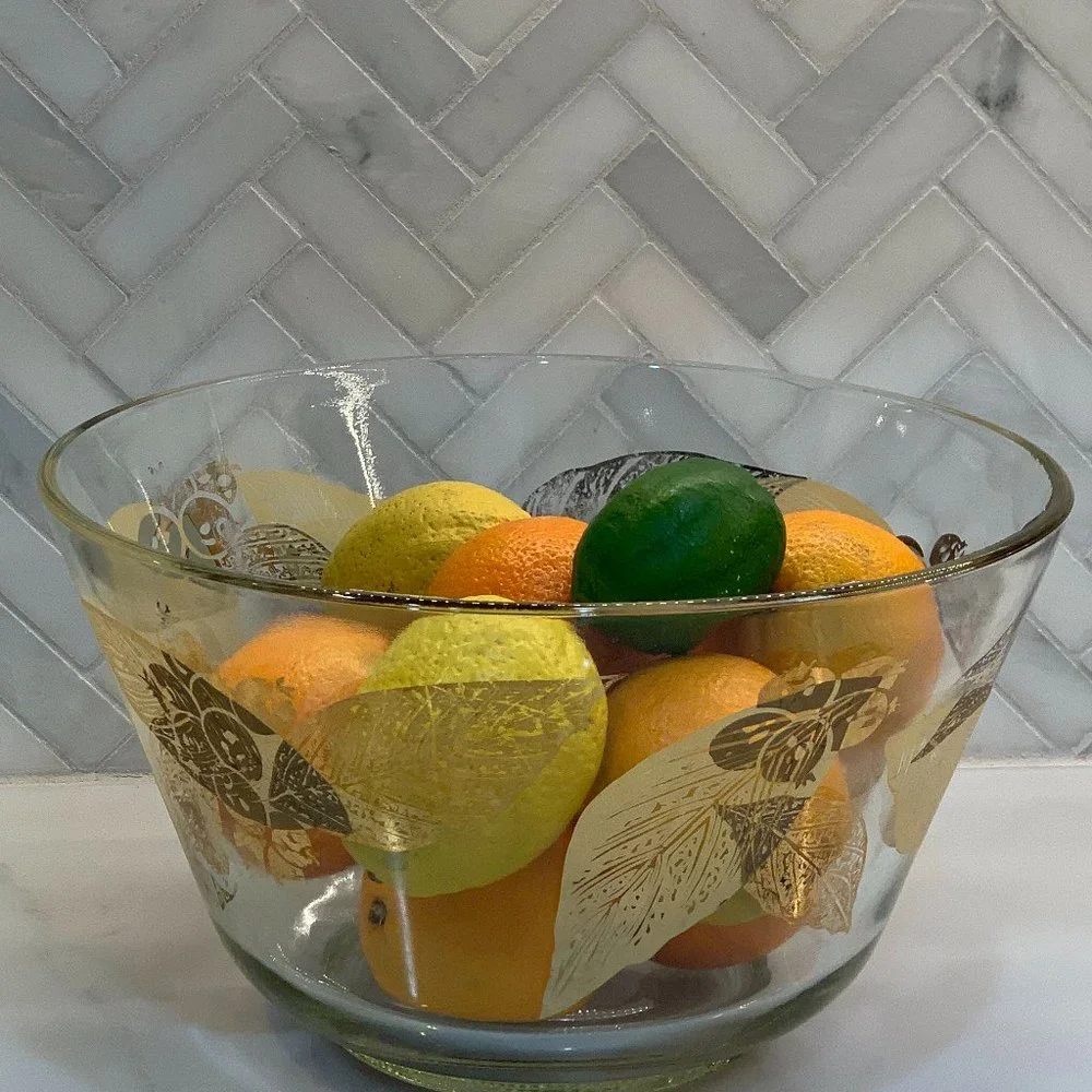 Vintage MCM Salad Bowl -Gold Leaf and Berries -Large